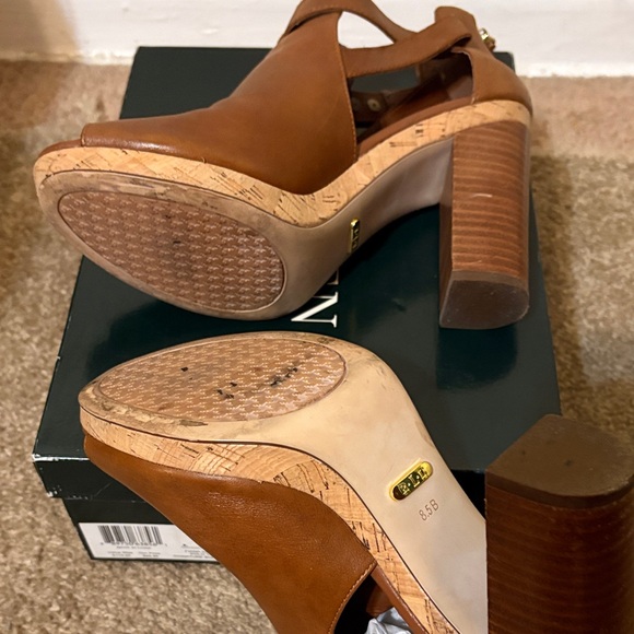 Lauren Ralph Lauren Cognac Peep-Toe Ankle Booties with Buckle Strap - Picture 5 of 6